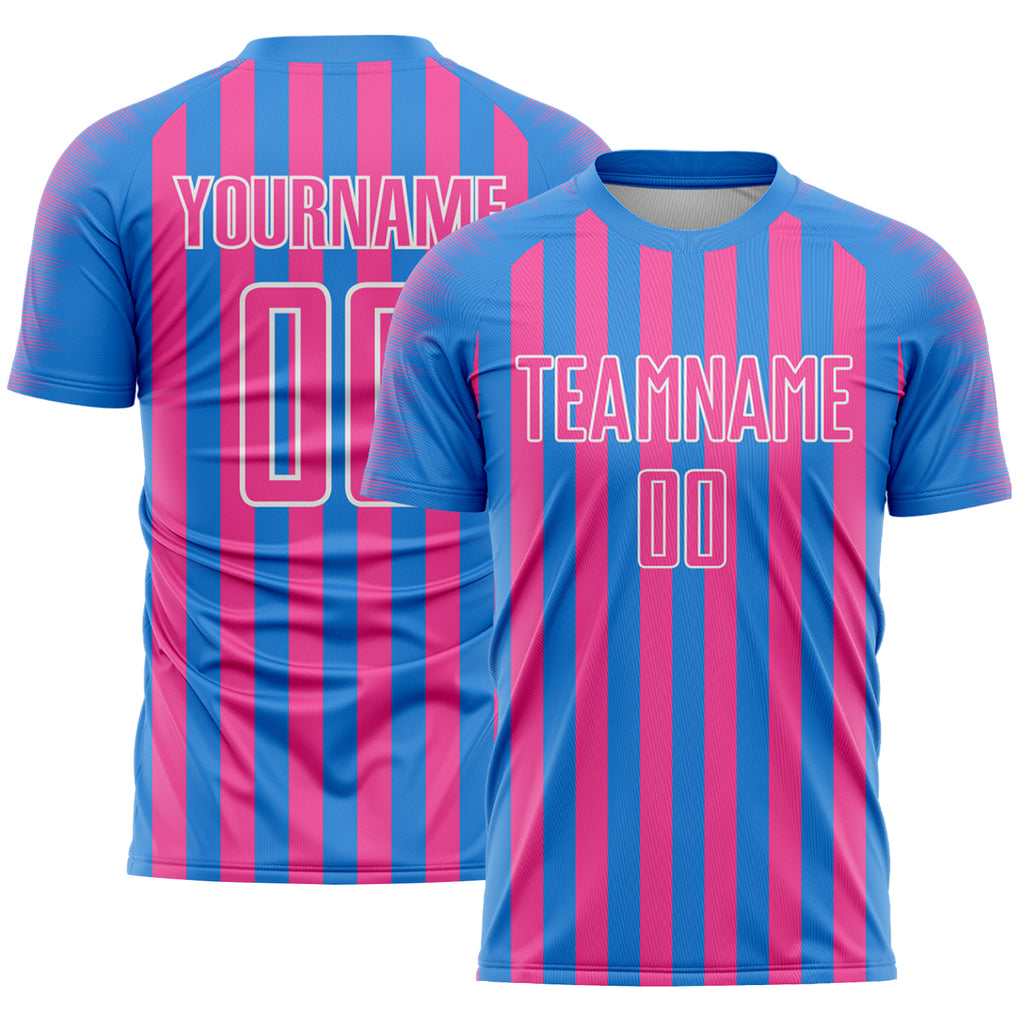 Custom Powder Blue Pink-White Stripe Sports Sublimation Soccer Uniform Jersey