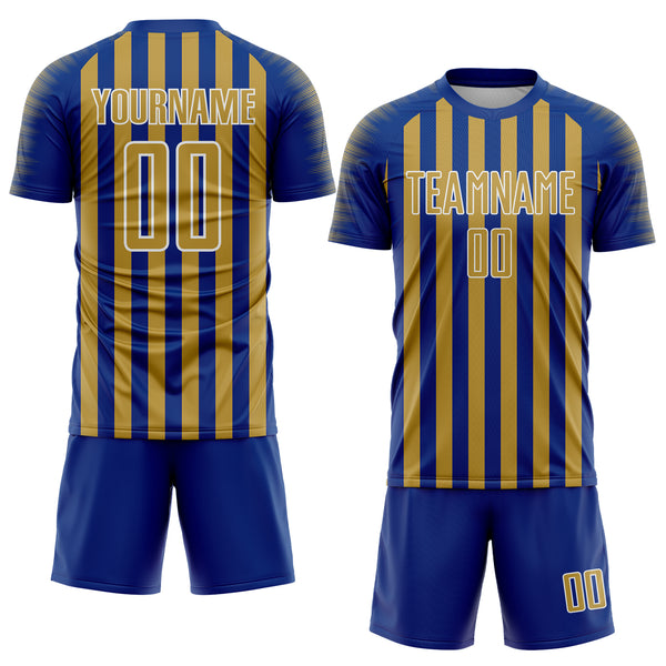 Custom Royal Old Gold-White Stripe Sports Sublimation Soccer Uniform Jersey