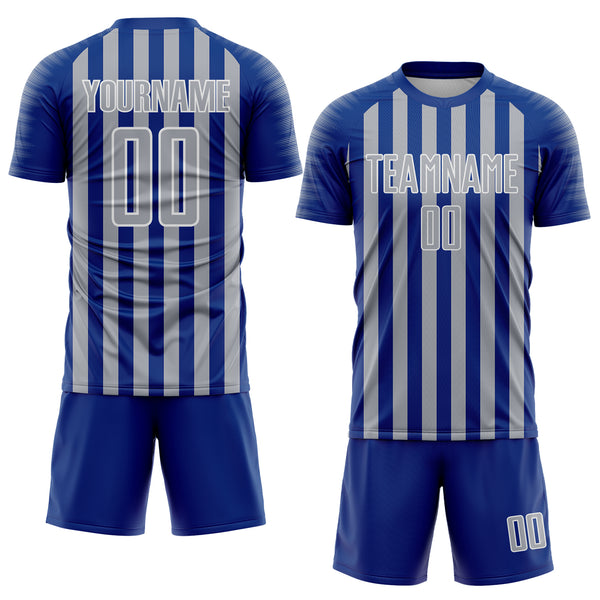 Custom Royal Gray-White Stripe Sports Sublimation Soccer Uniform Jersey
