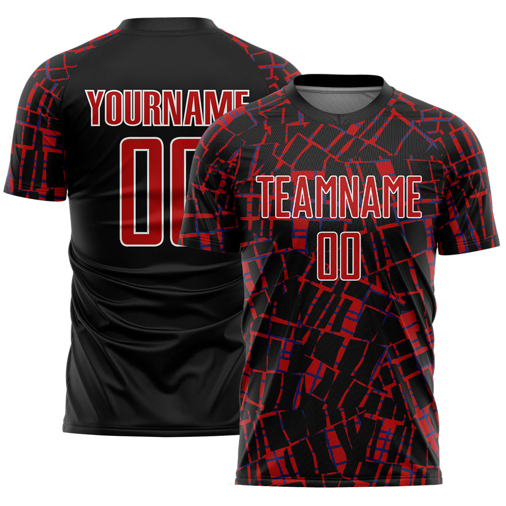 Custom Black Red-White Abstract Line Sports Sublimation Soccer Uniform Jersey