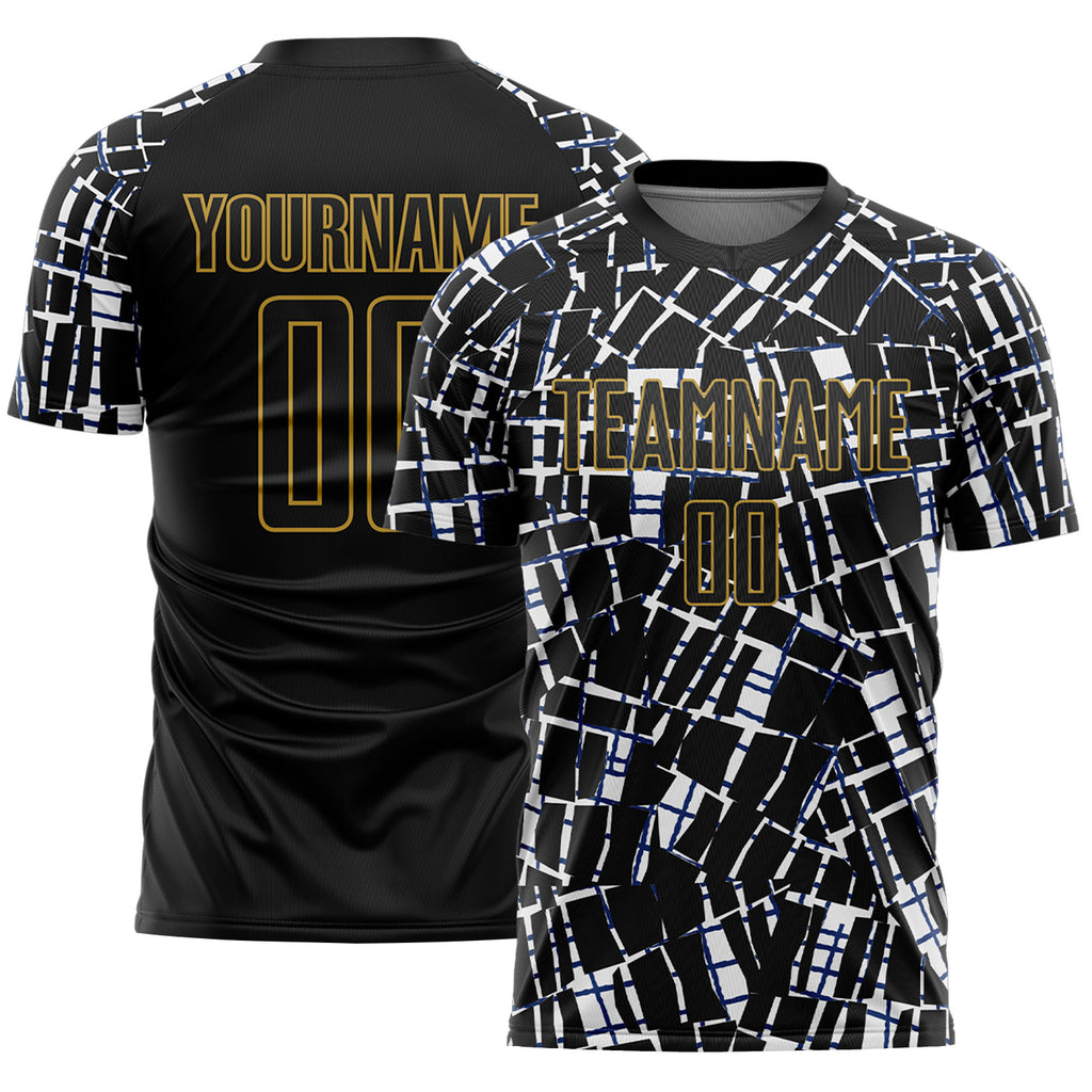 Custom Black White-Old Gold Abstract Line Sports Sublimation Soccer Uniform Jersey