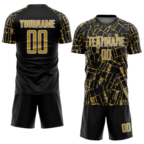 Custom Black Old Gold-White Abstract Line Sports Sublimation Soccer Uniform Jersey