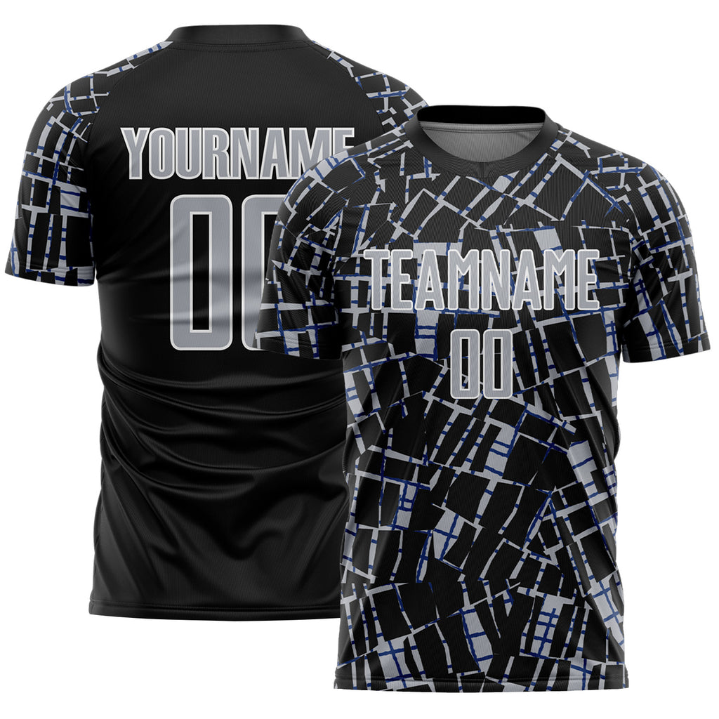 Custom Black Gray-White Abstract Line Sports Sublimation Soccer Uniform Jersey