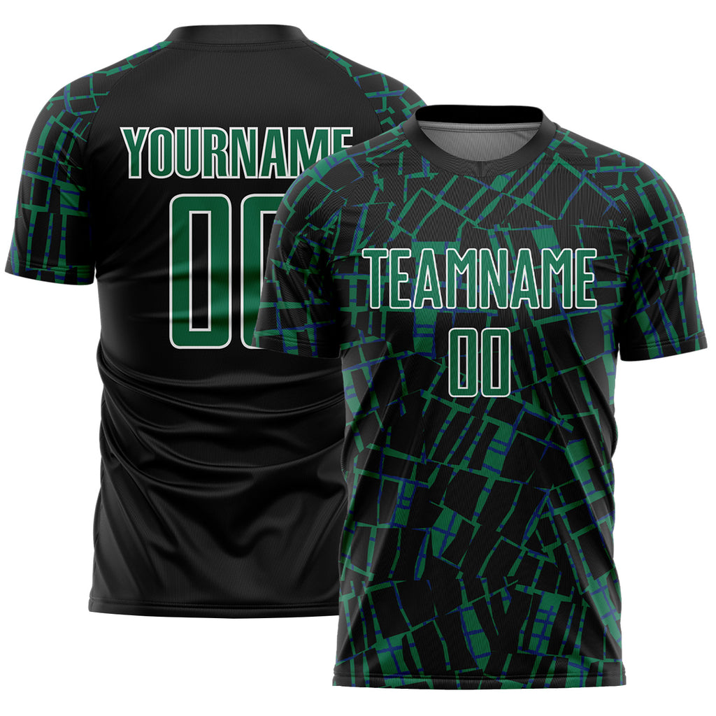 Custom Black Kelly Green-White Abstract Line Sports Sublimation Soccer Uniform Jersey