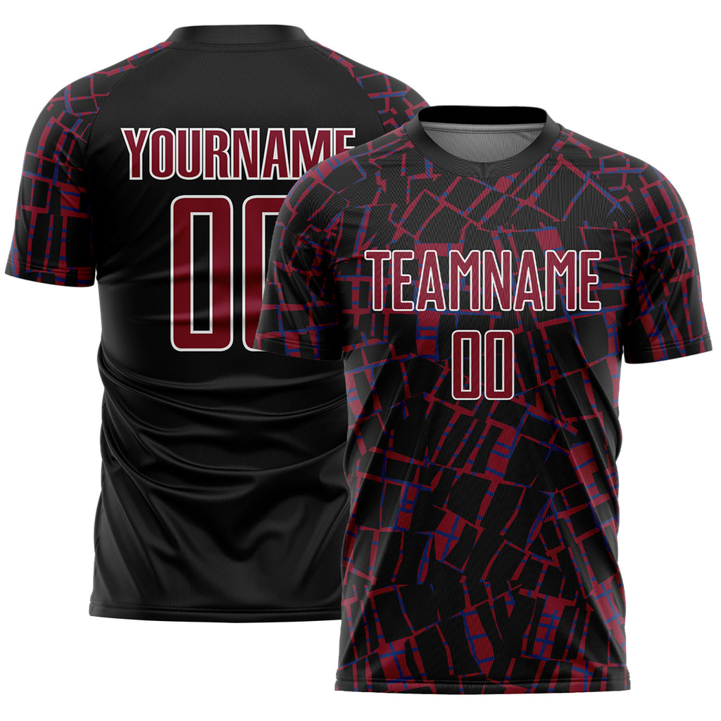Custom Black Crimson-White Abstract Line Sports Sublimation Soccer Uniform Jersey