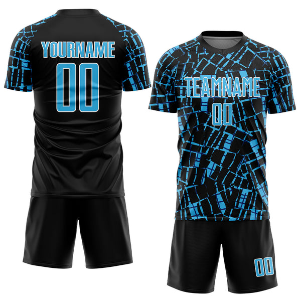 Custom Black Sky Blue-White Abstract Line Sports Sublimation Soccer Uniform Jersey