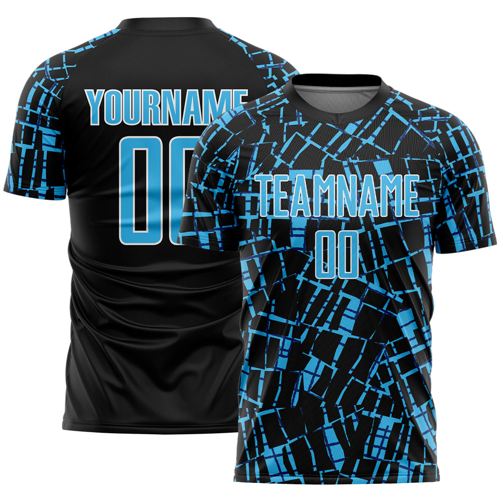 Custom Black Sky Blue-White Abstract Line Sports Sublimation Soccer Uniform Jersey