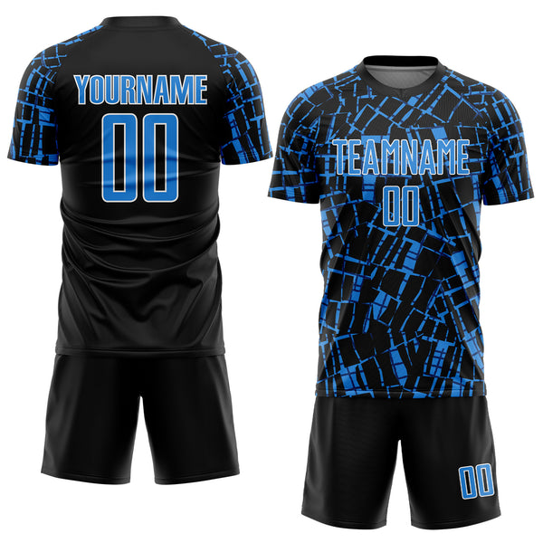 Custom Black Powder Blue-White Abstract Line Sports Sublimation Soccer Uniform Jersey