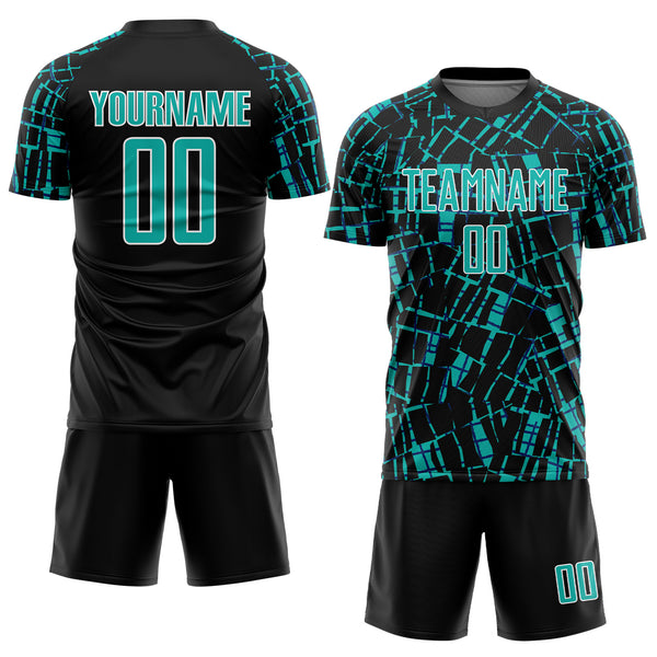 Custom Black Aqua-White Abstract Line Sports Sublimation Soccer Uniform Jersey