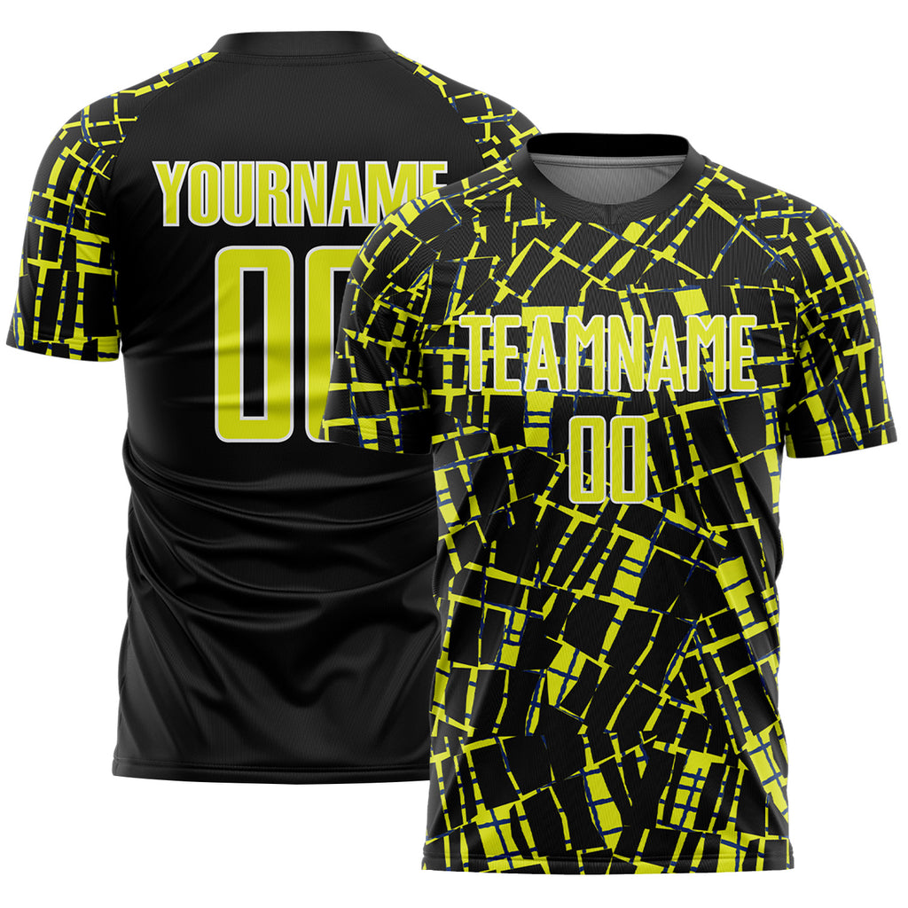 Custom Black Neon Yellow-White Abstract Line Sports Sublimation Soccer Uniform Jersey