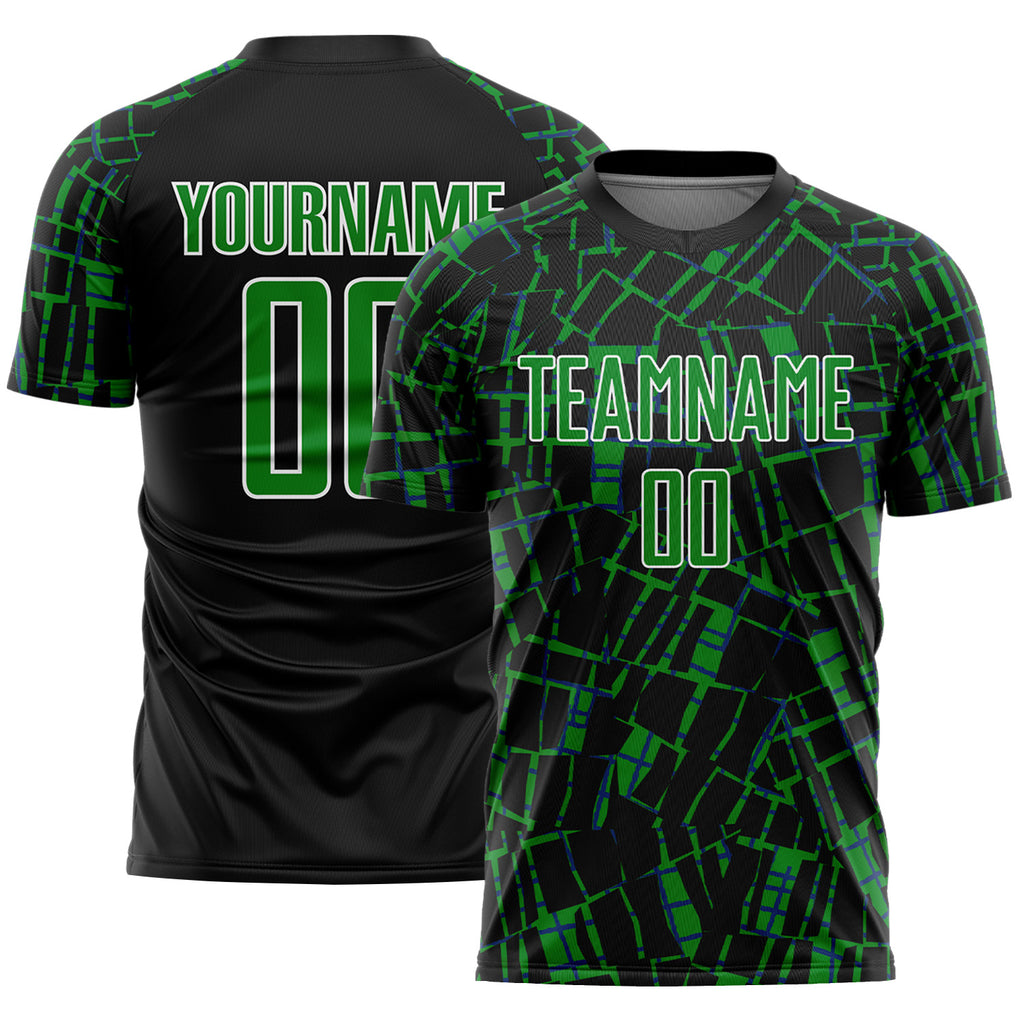 Custom Black Grass Green-White Abstract Line Sports Sublimation Soccer Uniform Jersey