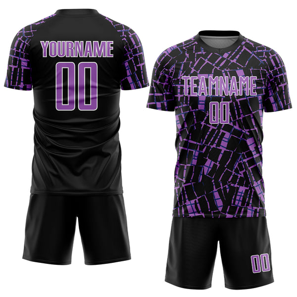 Custom Black Medium Purple-White Abstract Line Sports Sublimation Soccer Uniform Jersey