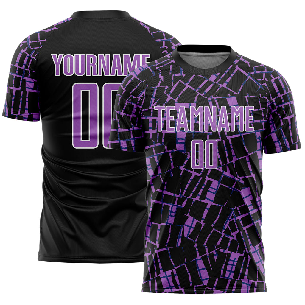 Custom Black Medium Purple-White Abstract Line Sports Sublimation Soccer Uniform Jersey