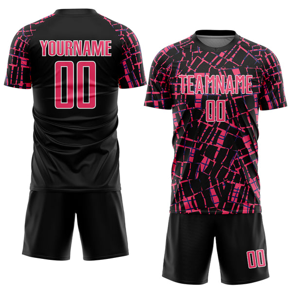 Custom Black Neon Pink-White Abstract Line Sports Sublimation Soccer Uniform Jersey