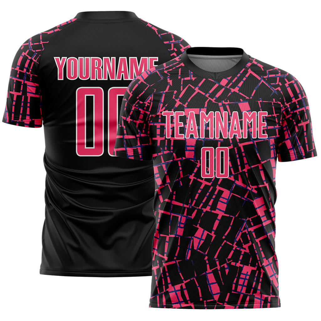 Custom Black Neon Pink-White Abstract Line Sports Sublimation Soccer Uniform Jersey