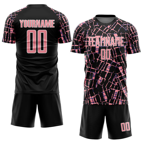 Custom Black Medium Pink-White Abstract Line Sports Sublimation Soccer Uniform Jersey