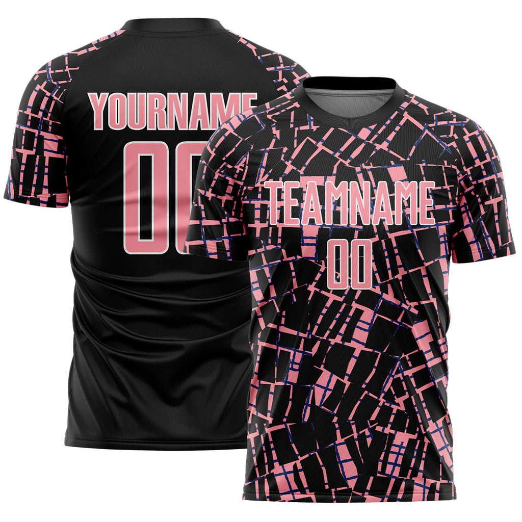 Custom Black Medium Pink-White Abstract Line Sports Sublimation Soccer Uniform Jersey