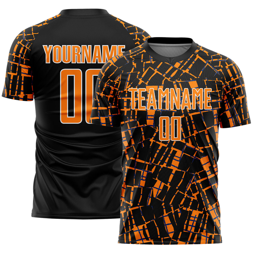 Custom Black Bay Orange-White Abstract Line Sports Sublimation Soccer Uniform Jersey