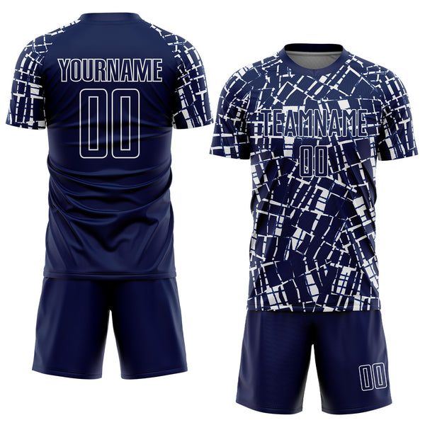 Custom Navy White Abstract Line Sports Sublimation Soccer Uniform Jersey
