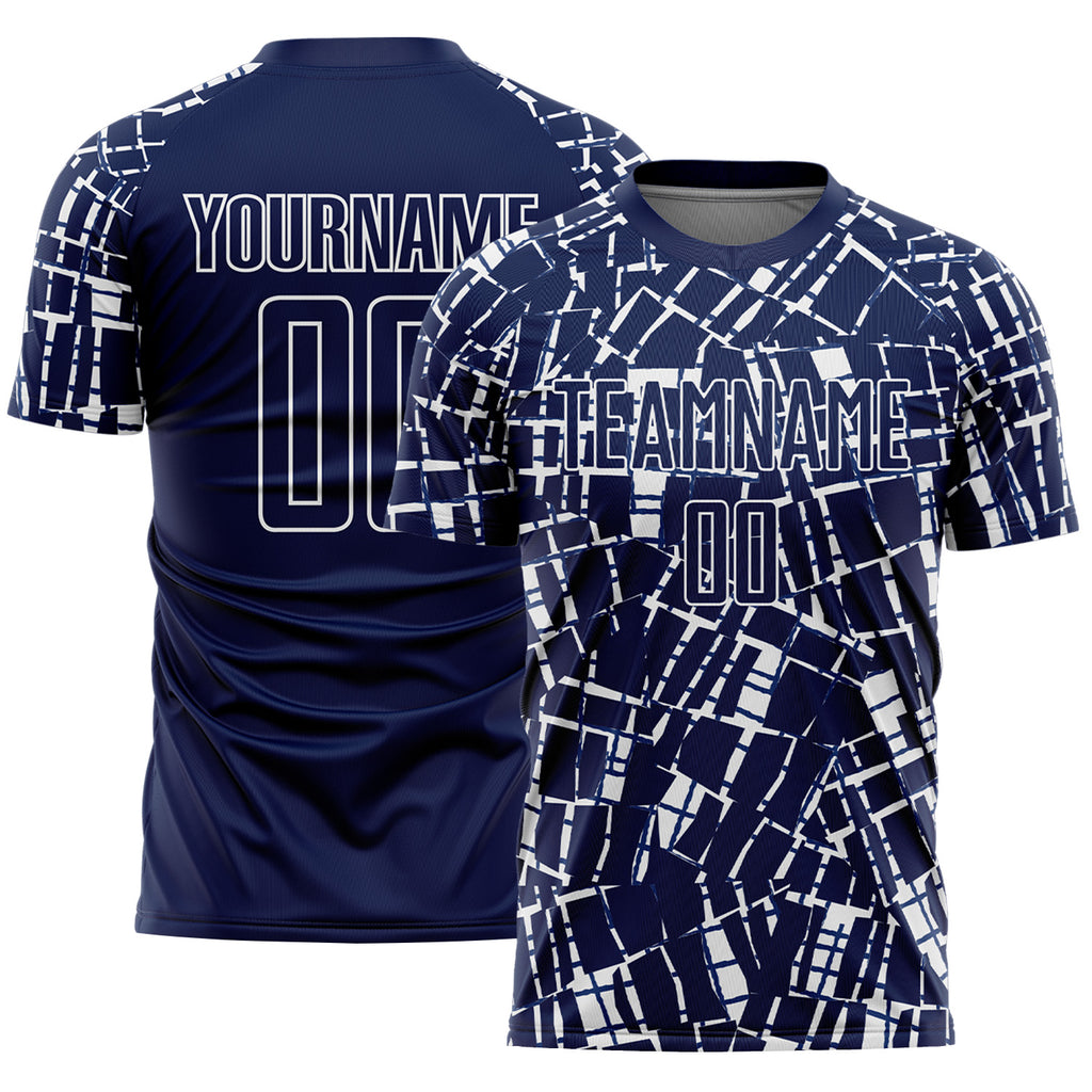 Custom Navy White Abstract Line Sports Sublimation Soccer Uniform Jersey