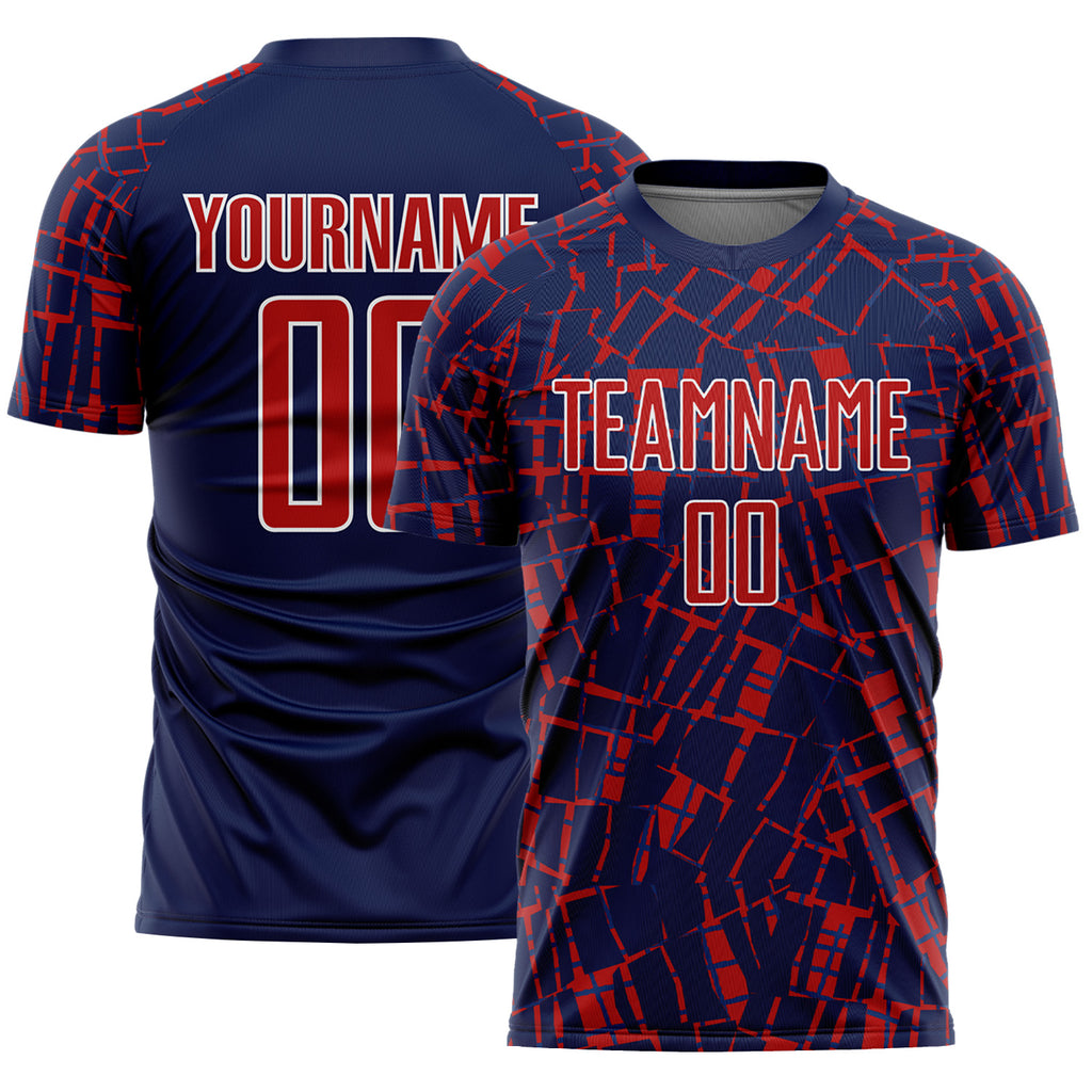Custom Navy Red-White Abstract Line Sports Sublimation Soccer Uniform Jersey