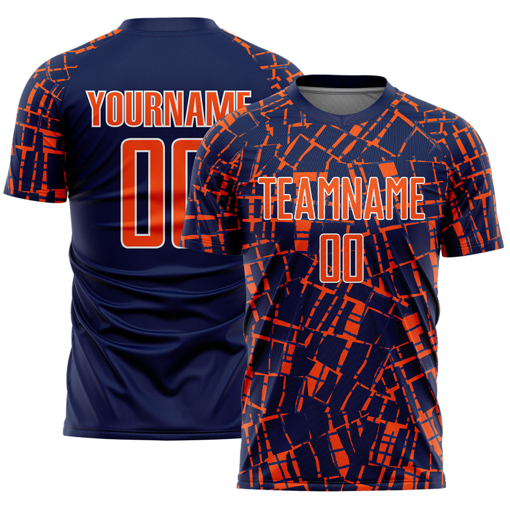 Custom Navy Orange-White Abstract Line Sports Sublimation Soccer Uniform Jersey