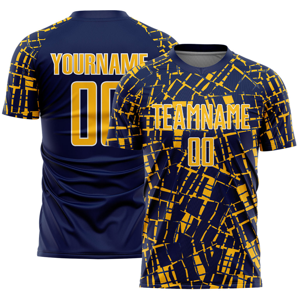 Custom Navy Gold-White Abstract Line Sports Sublimation Soccer Uniform Jersey