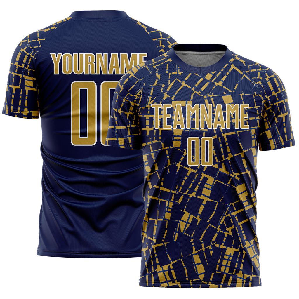 Custom Navy Old Gold-White Abstract Line Sports Sublimation Soccer Uniform Jersey
