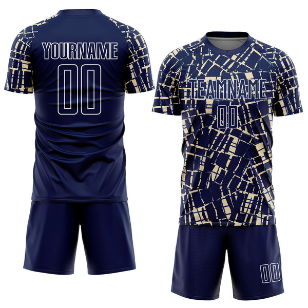 Custom Navy Cream-White Abstract Line Sports Sublimation Soccer Uniform Jersey