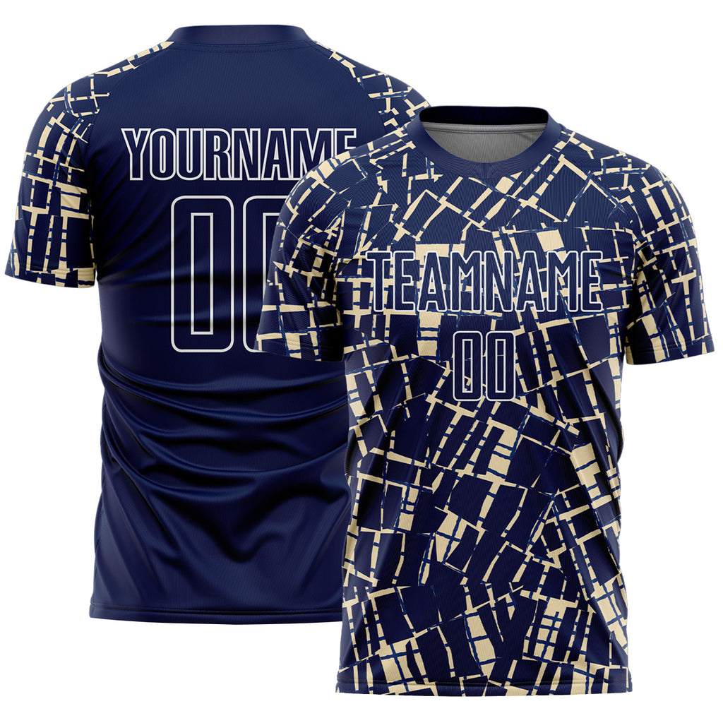 Custom Navy Cream-White Abstract Line Sports Sublimation Soccer Uniform Jersey