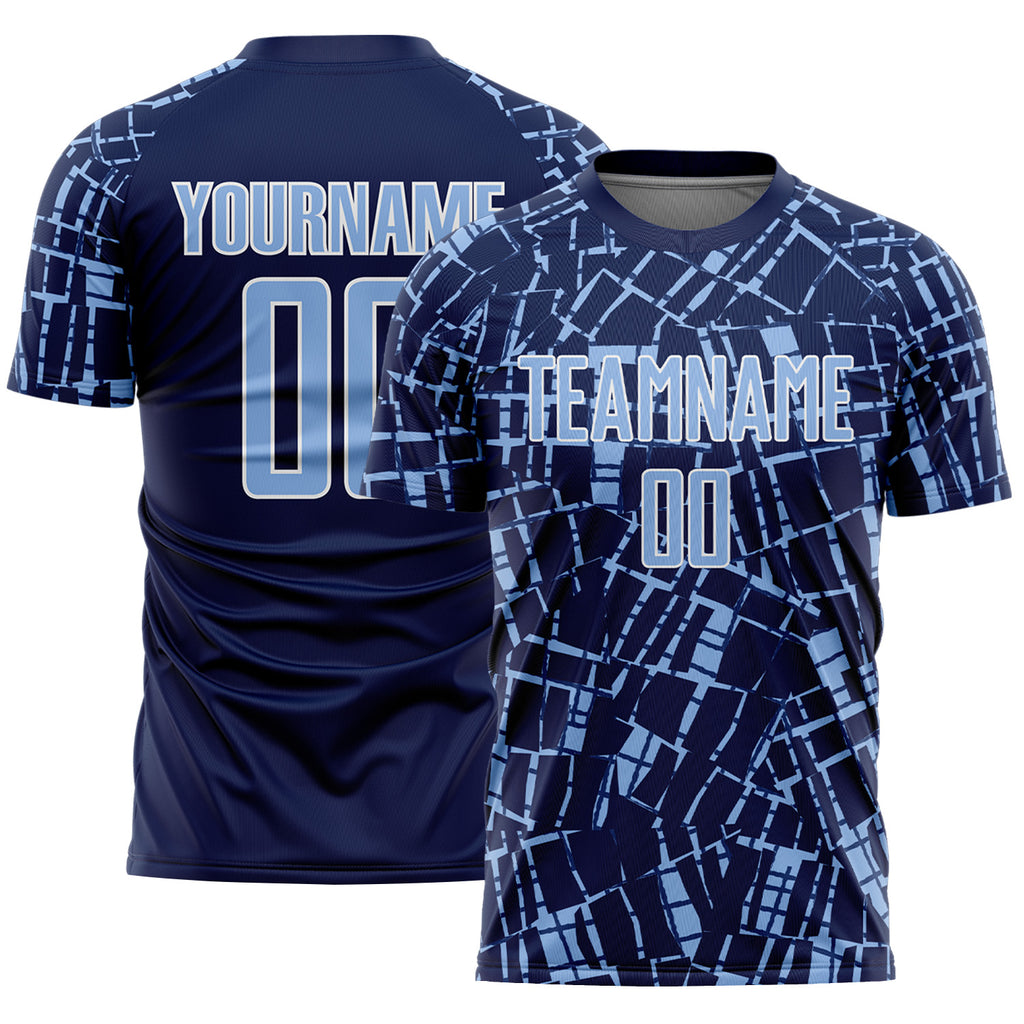 Custom Navy Light Blue-White Abstract Line Sports Sublimation Soccer Uniform Jersey