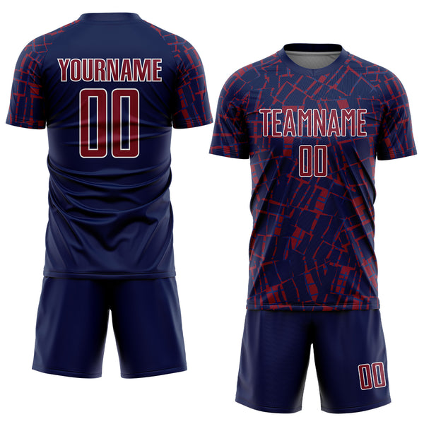Custom Navy Crimson-White Abstract Line Sports Sublimation Soccer Uniform Jersey