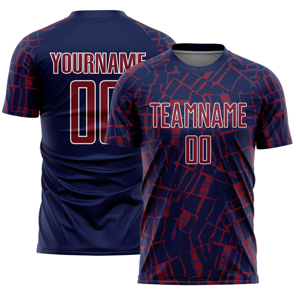 Custom Navy Crimson-White Abstract Line Sports Sublimation Soccer Uniform Jersey