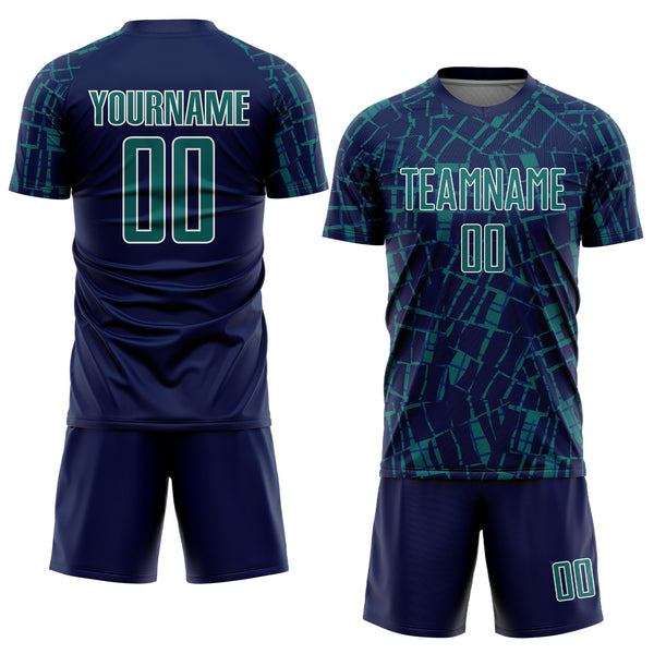 Custom Navy Teal-White Abstract Line Sports Sublimation Soccer Uniform Jersey