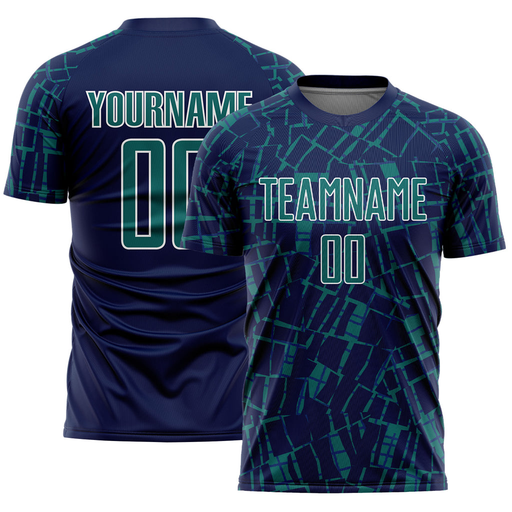 Custom Navy Teal-White Abstract Line Sports Sublimation Soccer Uniform Jersey