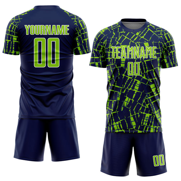 Custom Navy Neon Green-White Abstract Line Sports Sublimation Soccer Uniform Jersey