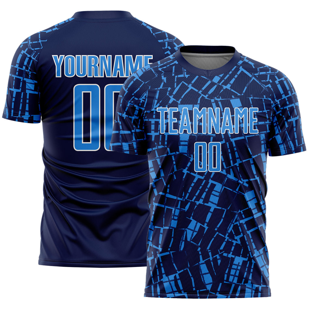 Custom Navy Powder Blue-White Abstract Line Sports Sublimation Soccer Uniform Jersey