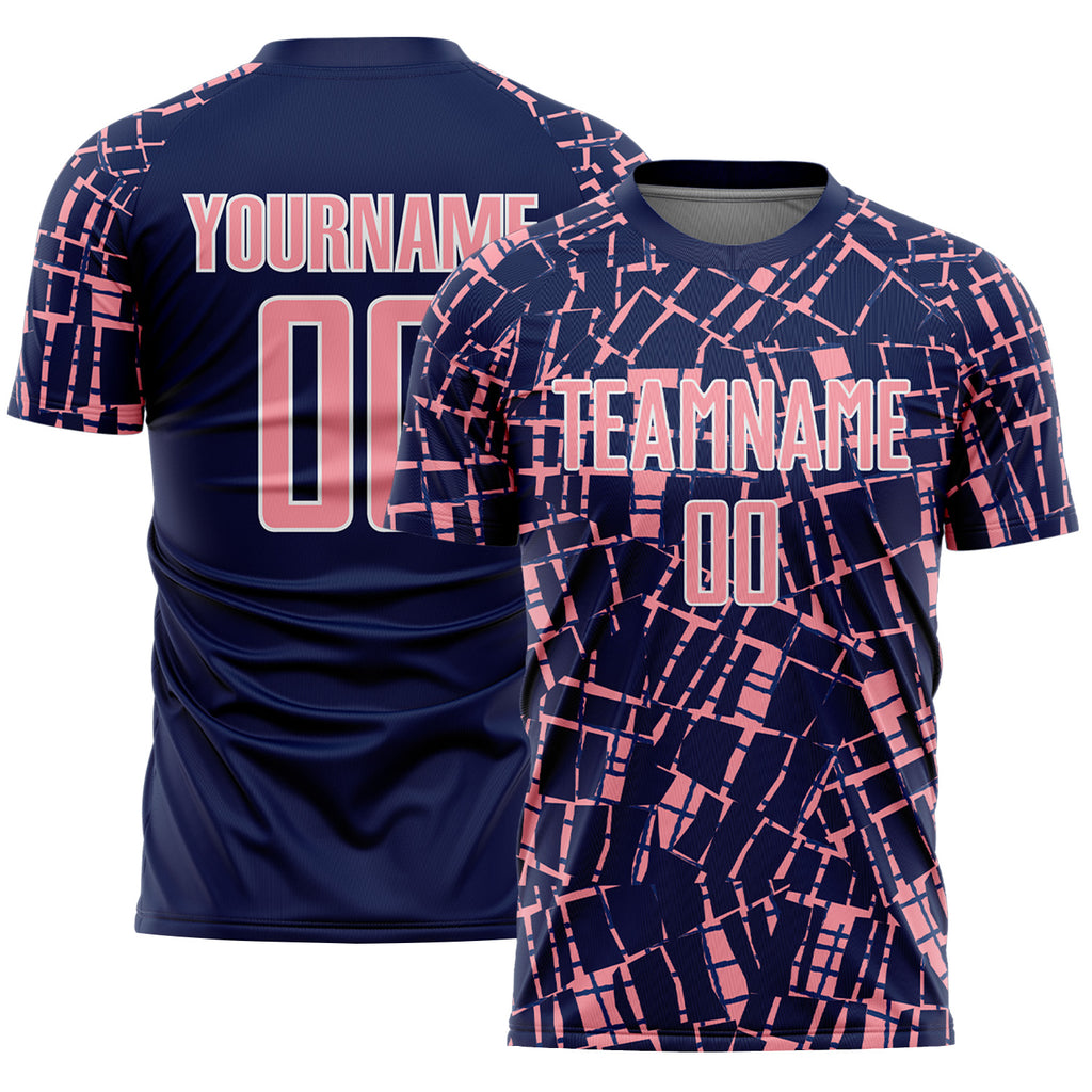 Custom Navy Medium Pink-White Abstract Line Sports Sublimation Soccer Uniform Jersey