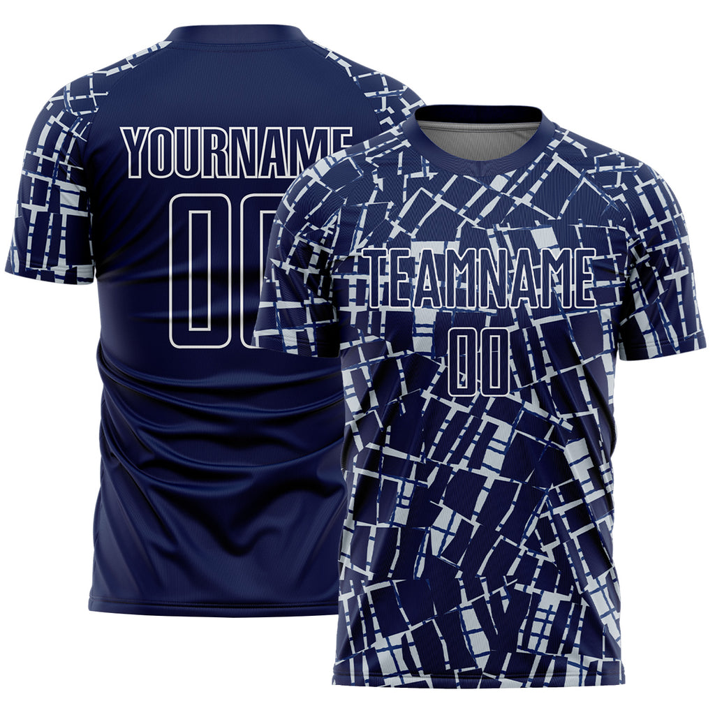 Custom Navy Silver-White Abstract Line Sports Sublimation Soccer Uniform Jersey