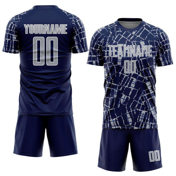 Custom Navy Gray-White Abstract Line Sports Sublimation Soccer Uniform Jersey