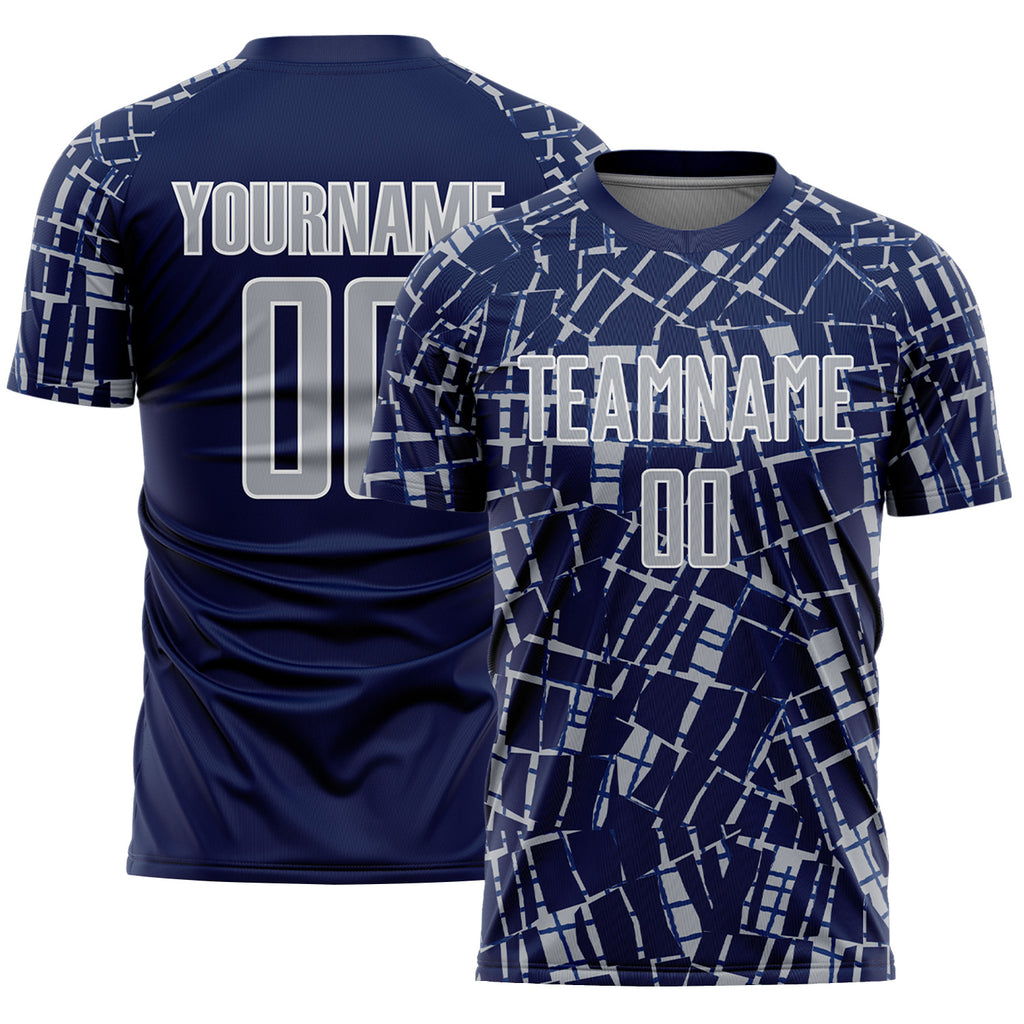 Custom Navy Gray-White Abstract Line Sports Sublimation Soccer Uniform Jersey