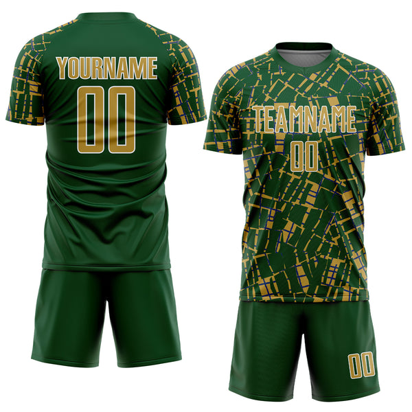 Custom Green Old Gold-White Abstract Line Sports Sublimation Soccer Uniform Jersey