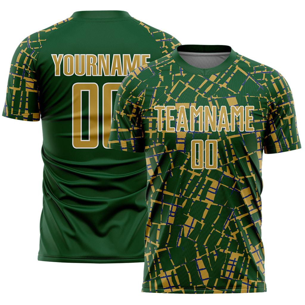 Custom Green Old Gold-White Abstract Line Sports Sublimation Soccer Uniform Jersey