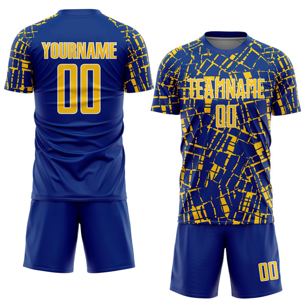 Custom Royal Yellow-White Abstract Line Sports Sublimation Soccer Uniform Jersey