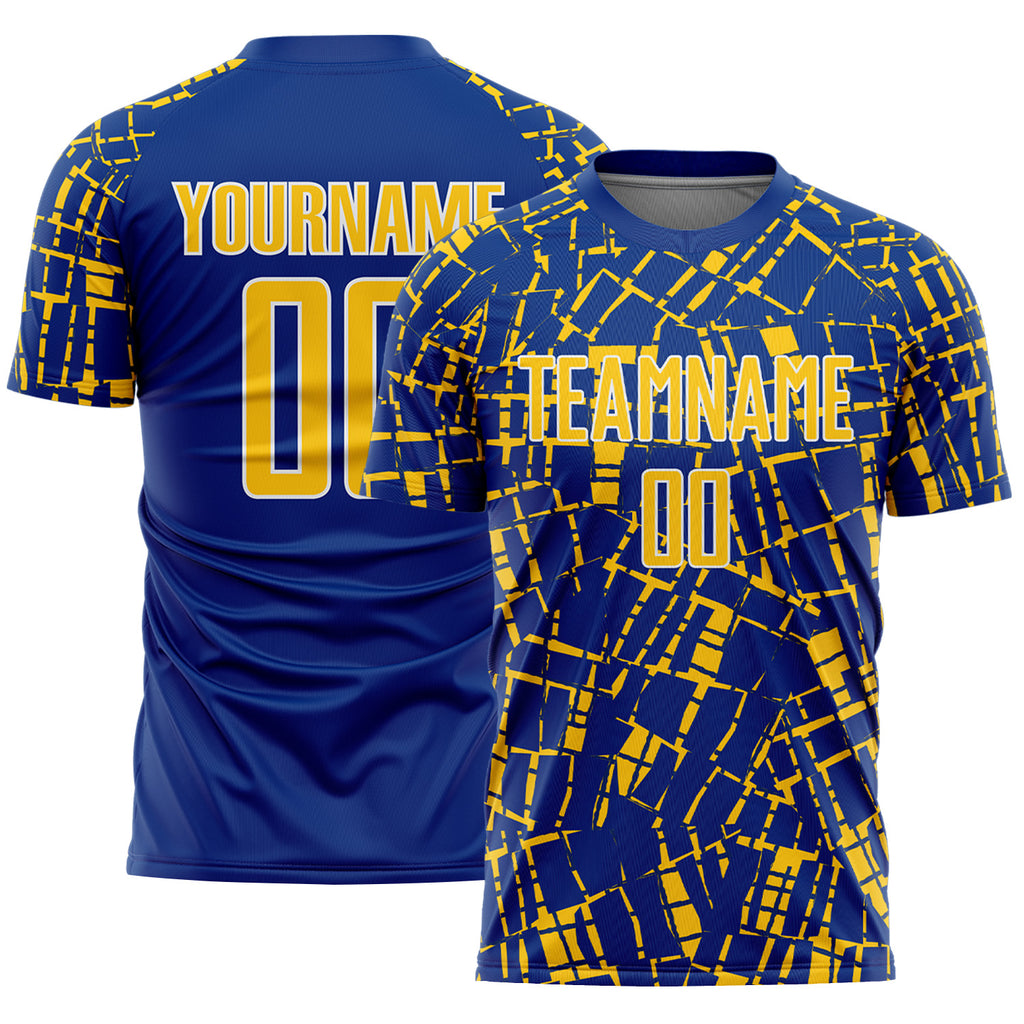 Custom Royal Yellow-White Abstract Line Sports Sublimation Soccer Uniform Jersey
