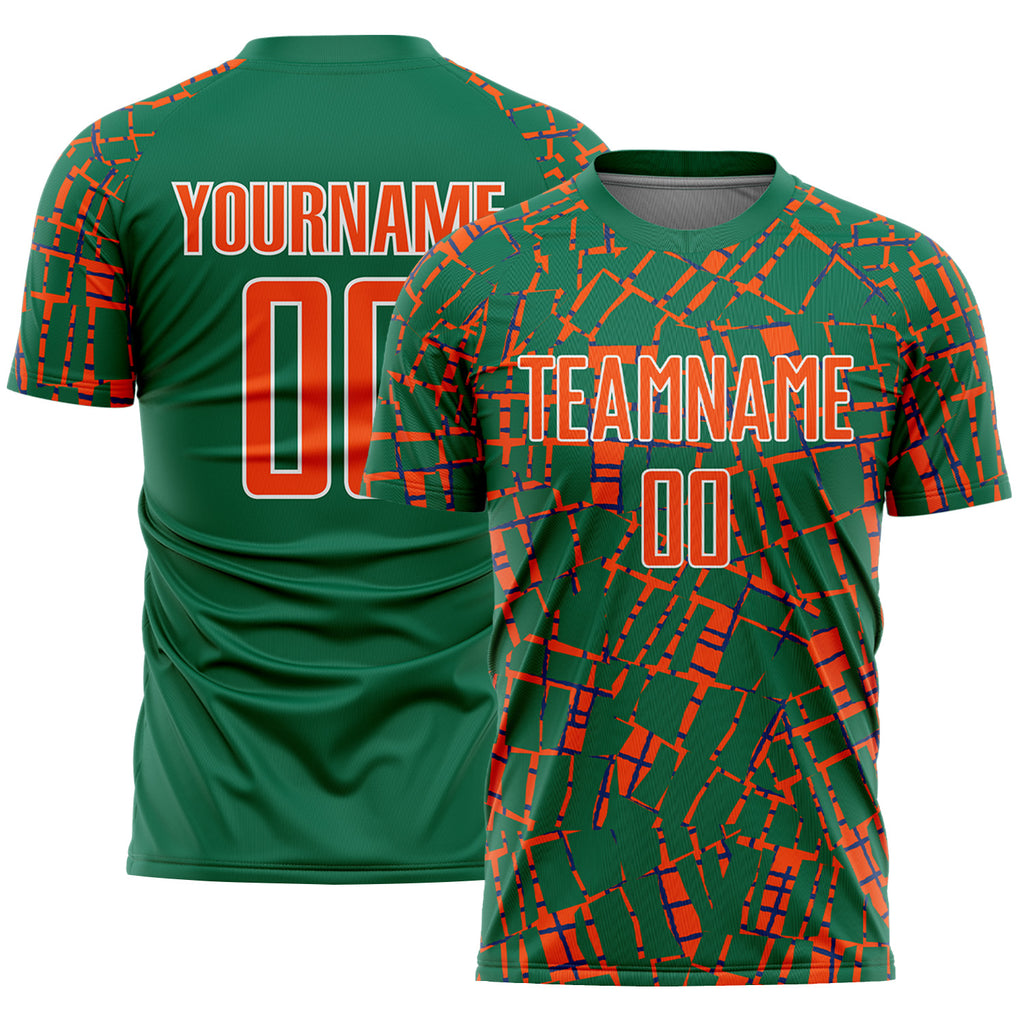 Custom Kelly Green Orange-White Abstract Line Sports Sublimation Soccer Uniform Jersey