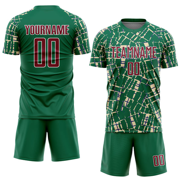 Custom Kelly Green Crimson Cream-White Abstract Line Sports Sublimation Soccer Uniform Jersey