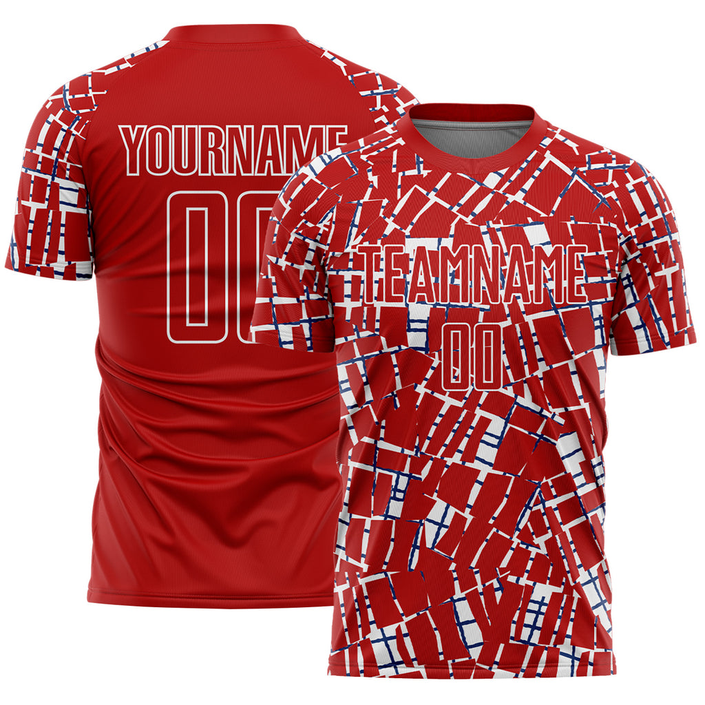 Custom Red White-Blue Abstract Line Sports Sublimation Soccer Uniform Jersey