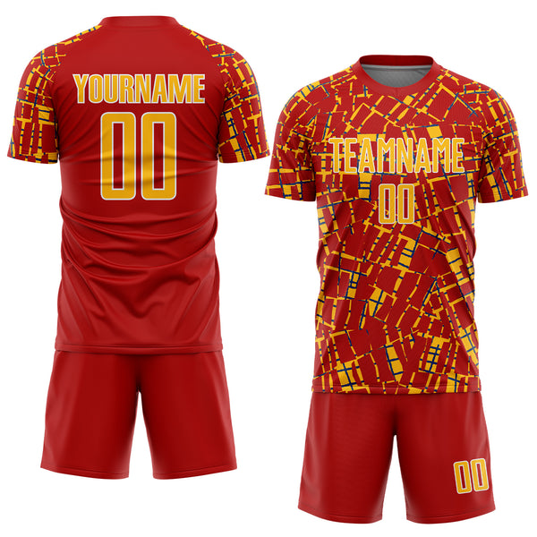 Custom Red Gold White-Blue Abstract Line Sports Sublimation Soccer Uniform Jersey