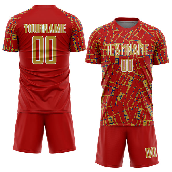 Custom Red Old Gold White-Blue Abstract Line Sports Sublimation Soccer Uniform Jersey